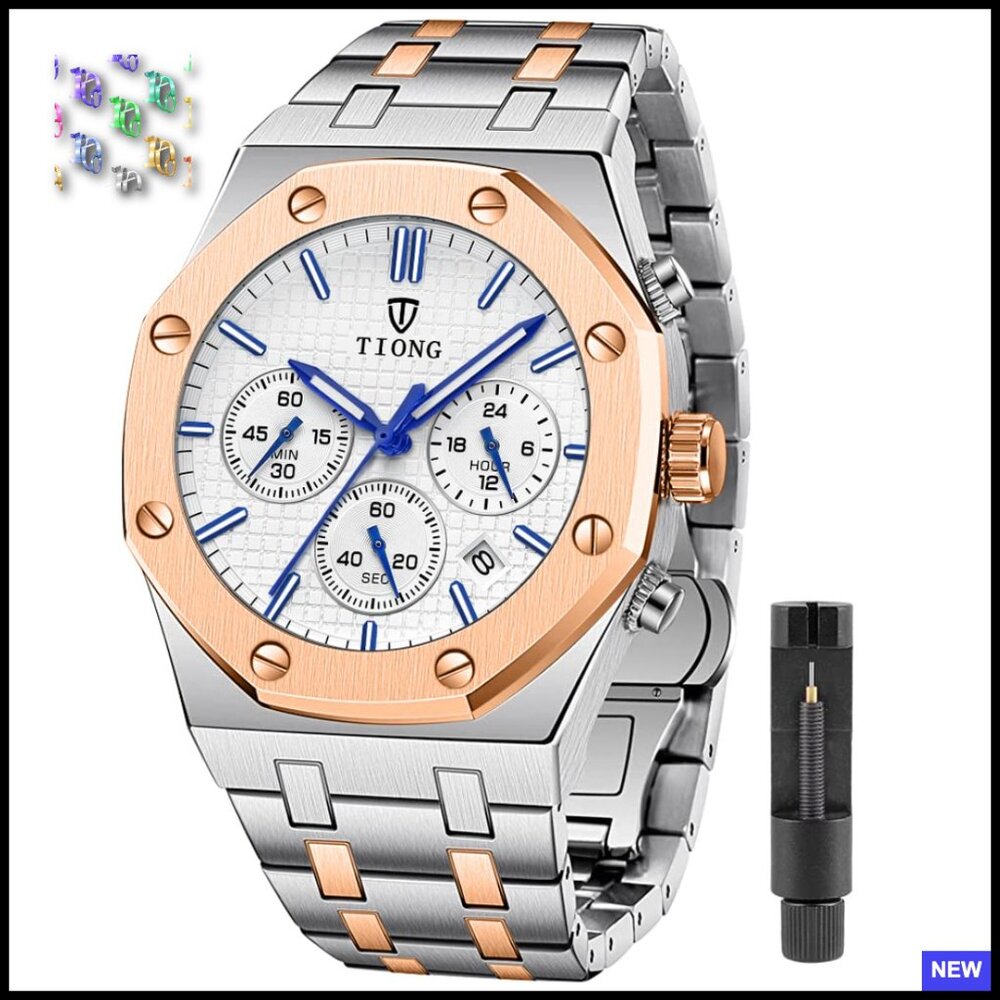 Stainless Steel Chronograph Watch Quartz Movement Waterproof Date Analog